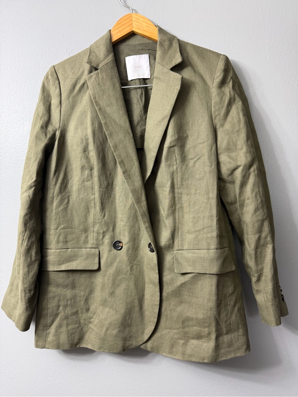 MANGO Women’s 100% Linen Notch Collar Blazer Size S Khaki Green/Deep Olive